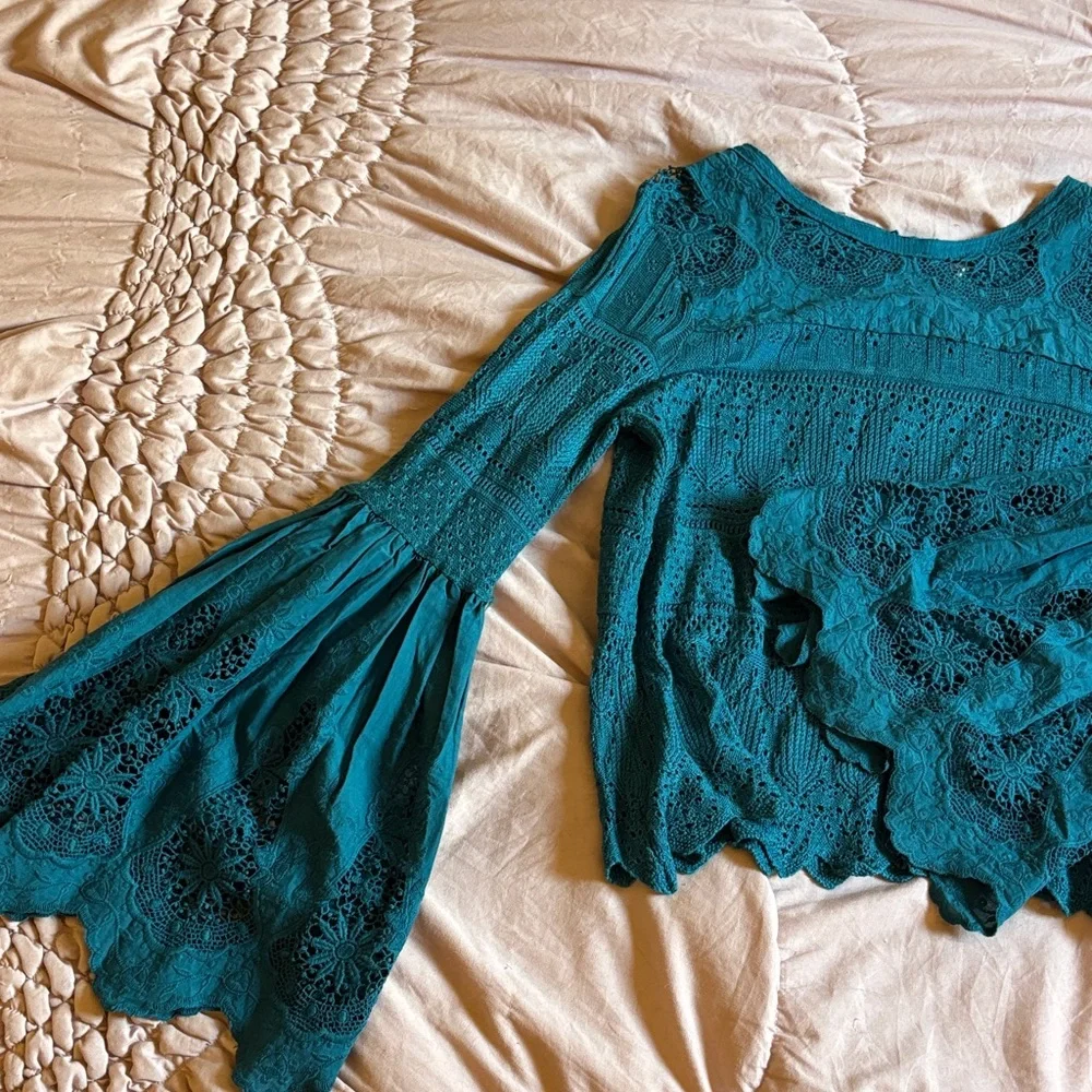 Free People Teal Lace Crochet Long Sleeve Blouse
